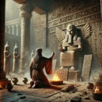 A dimly lit scene in an ancient Mesopotamian temple showing an Akkadian priest in ceremonial robes performing a curse ritual. The priest stands before an altar with clay tablets inscribed in Akkadian cuneiform, boundary stones, and protective amulets. Surrounding him are tall stone pillars with inscriptions. Behind him looms a large statue of a Mesopotamian deity, likely Enlil or Nergal, with smoke from incense wafting through the air, adding a mystical atmosphere. The setting is detailed and atmospheric, capturing the solemnity and power of ancient Akkadian religious practices.