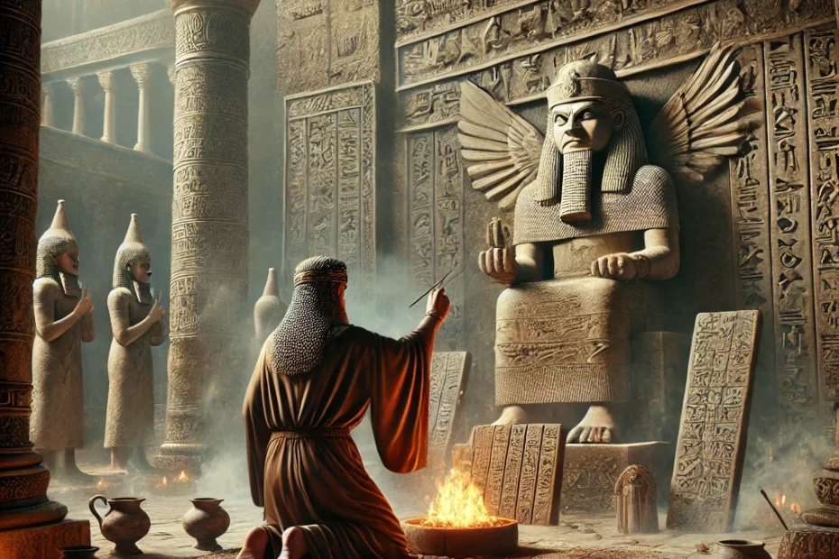 A dimly lit scene in an ancient Mesopotamian temple showing an Akkadian priest in ceremonial robes performing a curse ritual. The priest stands before an altar with clay tablets inscribed in Akkadian cuneiform, boundary stones, and protective amulets. Surrounding him are tall stone pillars with inscriptions. Behind him looms a large statue of a Mesopotamian deity, likely Enlil or Nergal, with smoke from incense wafting through the air, adding a mystical atmosphere. The setting is detailed and atmospheric, capturing the solemnity and power of ancient Akkadian religious practices.