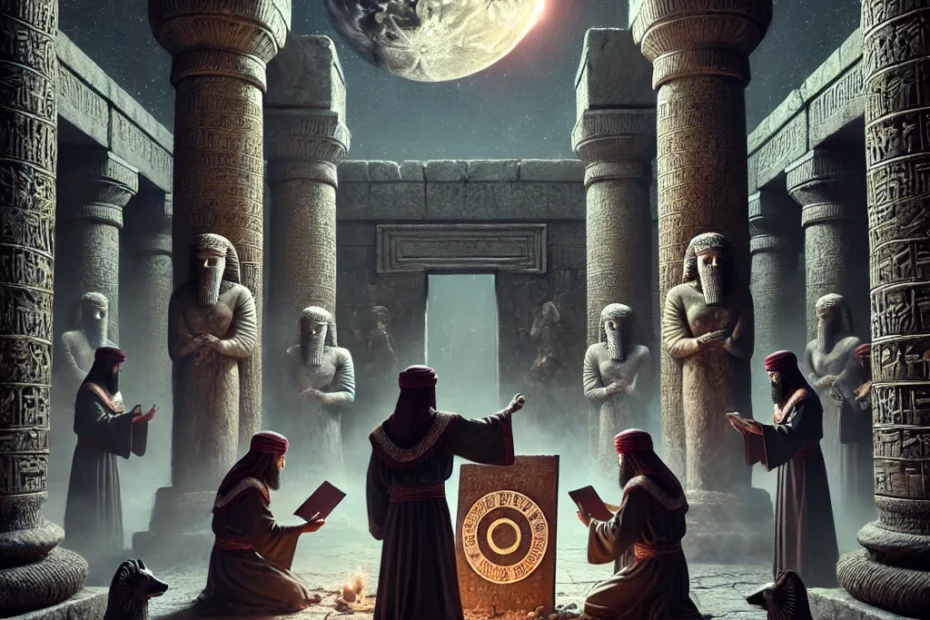 A nighttime scene in an ancient Assyrian temple during a lunar eclipse, with priests in traditional Assyrian robes performing a curse ritual. They stand among tall stone pillars carved with Assyrian symbols, surrounding idols of ancient gods like Nergal. One priest shatters a clay tablet as others chant, while faint smoke rises and eerie shadows dance on the temple walls. The partially obscured moon casts a reddish glow, adding to the dark and foreboding atmosphere.