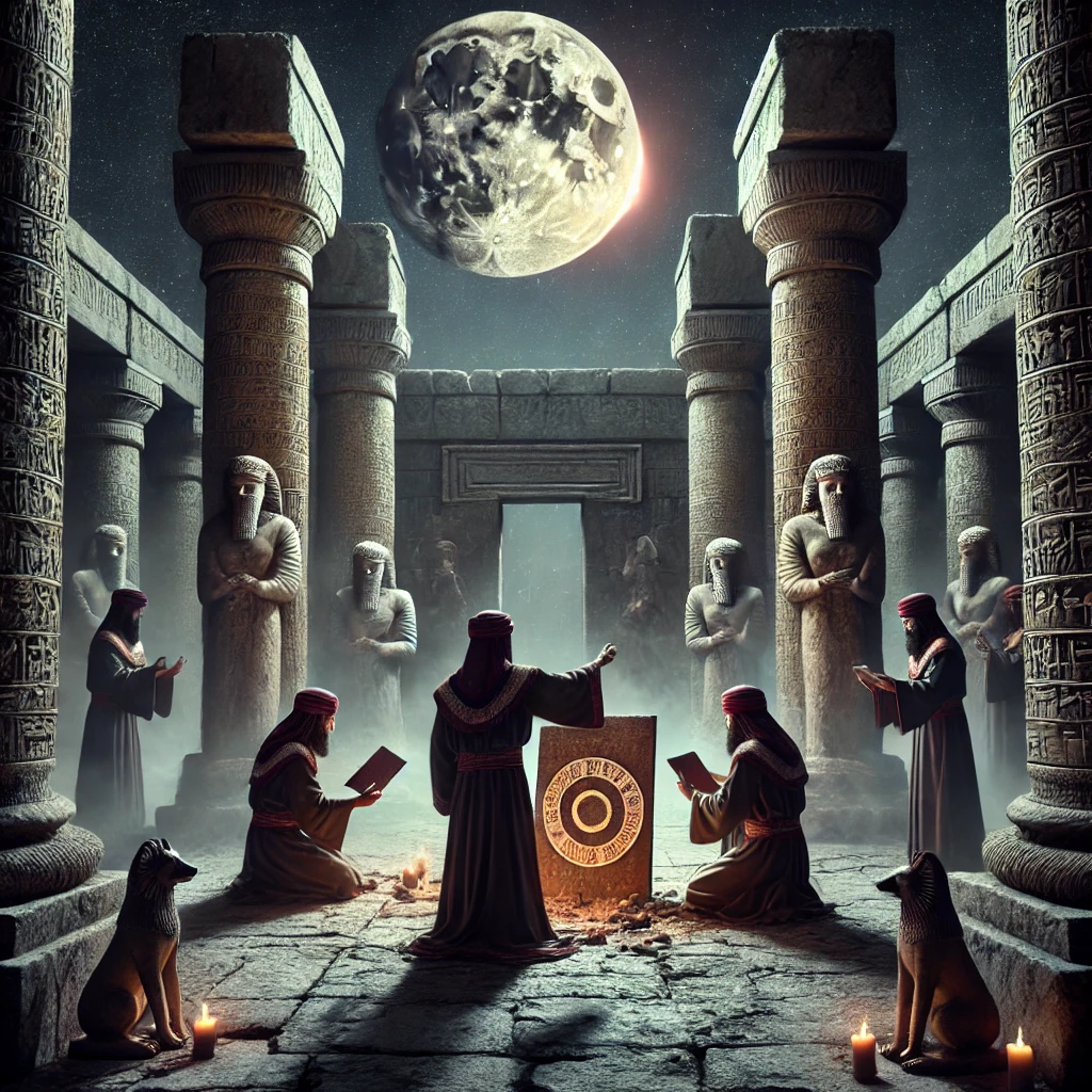 A nighttime scene in an ancient Assyrian temple during a lunar eclipse, with priests in traditional Assyrian robes performing a curse ritual. They stand among tall stone pillars carved with Assyrian symbols, surrounding idols of ancient gods like Nergal. One priest shatters a clay tablet as others chant, while faint smoke rises and eerie shadows dance on the temple walls. The partially obscured moon casts a reddish glow, adding to the dark and foreboding atmosphere.