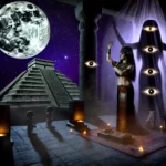 A night scene set in an ancient Babylonian temple, where a high priestess in traditional attire performs a ritual under a waxing moon. Shadows around her flicker and merge into a towering, ghostly figure with star-like glowing eyes, representing the god Shamash. Artifacts and symbols of Mesopotamian culture are scattered around her, and a grand ziggurat looms in the background under a starry sky. The atmosphere is dark and mystical, filled with a sense of ancient power and mystery.