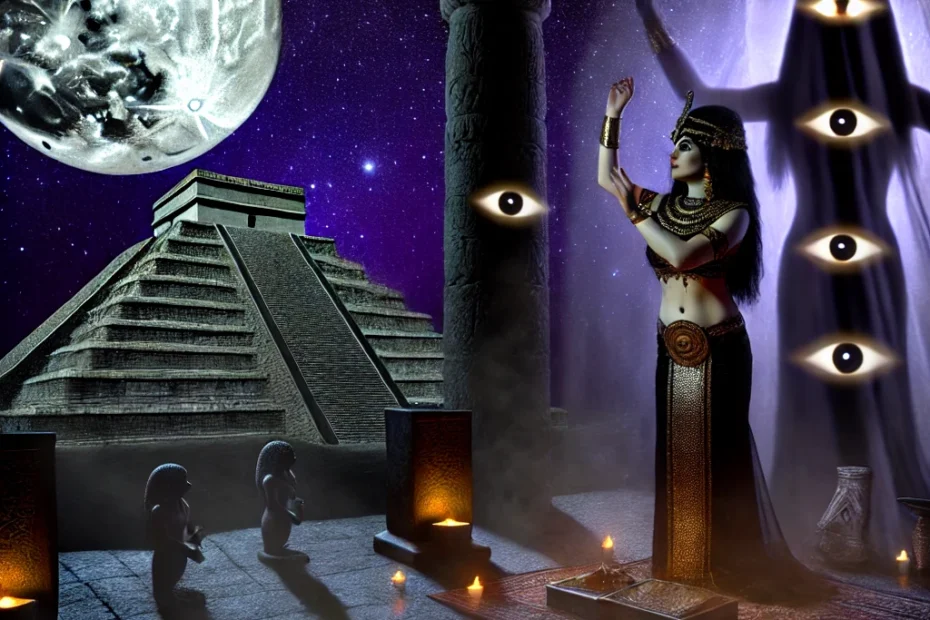A night scene set in an ancient Babylonian temple, where a high priestess in traditional attire performs a ritual under a waxing moon. Shadows around her flicker and merge into a towering, ghostly figure with star-like glowing eyes, representing the god Shamash. Artifacts and symbols of Mesopotamian culture are scattered around her, and a grand ziggurat looms in the background under a starry sky. The atmosphere is dark and mystical, filled with a sense of ancient power and mystery.