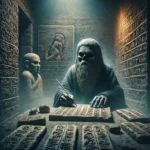 An ancient Mesopotamian scribe with hollow eyes sits in a dimly lit stone room, surrounded by clay tablets inscribed with cuneiform symbols. He holds a reed stylus in hand, appearing deep in thought and mystery. Eerie shadows cast by faint carvings of Sumerian gods decorate the background walls, enhancing the dark and mystical atmosphere of the scene, which suggests the power and ominous presence of ancient curses.