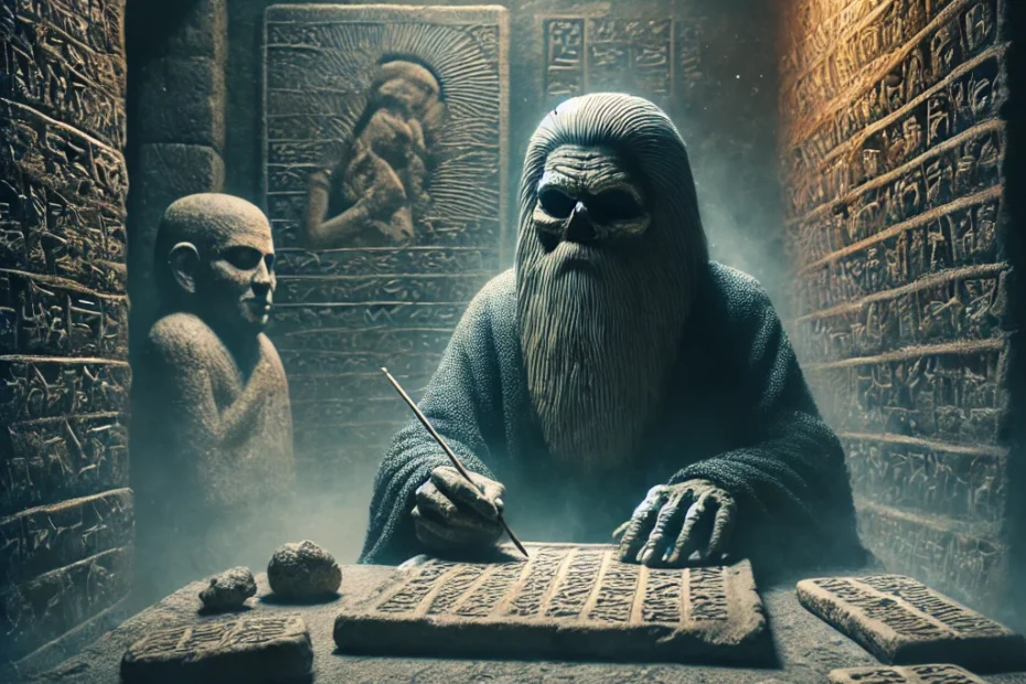 An ancient Mesopotamian scribe with hollow eyes sits in a dimly lit stone room, surrounded by clay tablets inscribed with cuneiform symbols. He holds a reed stylus in hand, appearing deep in thought and mystery. Eerie shadows cast by faint carvings of Sumerian gods decorate the background walls, enhancing the dark and mystical atmosphere of the scene, which suggests the power and ominous presence of ancient curses.