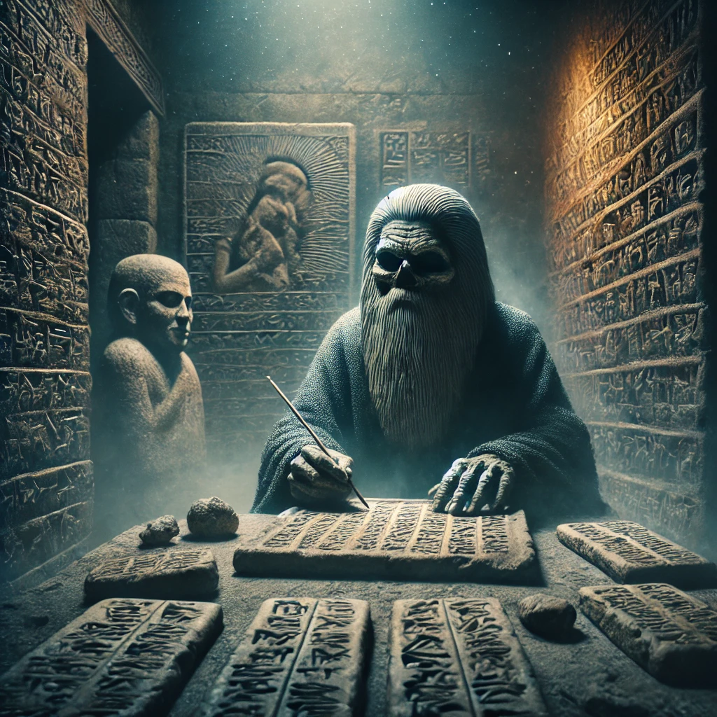 An ancient Mesopotamian scribe with hollow eyes sits in a dimly lit stone room, surrounded by clay tablets inscribed with cuneiform symbols. He holds a reed stylus in hand, appearing deep in thought and mystery. Eerie shadows cast by faint carvings of Sumerian gods decorate the background walls, enhancing the dark and mystical atmosphere of the scene, which suggests the power and ominous presence of ancient curses.