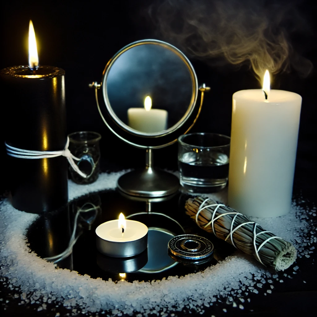 "An illustration of the 'Mirror of Reversal' ritual setup on a dark altar, featuring a black candle and a white candle with a small mirror placed between them, facing outward. The setup is surrounded by a protective circle of salt, with sage smoke wafting through the air, creating a mystical ambiance. A bowl of water and a protective talisman lie beside the candles, all illuminated by a soft, enchanting glow, evoking a sense of peace, protection, and spiritual power."