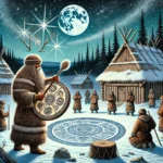 A historical depiction of the origin of shamanism, featuring a figure dressed in traditional, ancient attire. The shaman is adorned with animal skins, feathers, and symbolic ornaments, standing in a natural setting surrounded by trees or mountains. The shaman holds a drum or staff, symbolizing connection to the spiritual world. Around the figure, faint spirits or totem animals are shown, representing the shaman’s role as a mediator between the human and spiritual realms. The overall atmosphere is mystical, evoking ancient rituals and spiritual traditions.