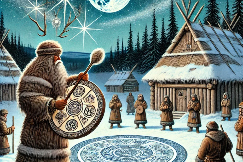 A historical depiction of the origin of shamanism, featuring a figure dressed in traditional, ancient attire. The shaman is adorned with animal skins, feathers, and symbolic ornaments, standing in a natural setting surrounded by trees or mountains. The shaman holds a drum or staff, symbolizing connection to the spiritual world. Around the figure, faint spirits or totem animals are shown, representing the shaman’s role as a mediator between the human and spiritual realms. The overall atmosphere is mystical, evoking ancient rituals and spiritual traditions.