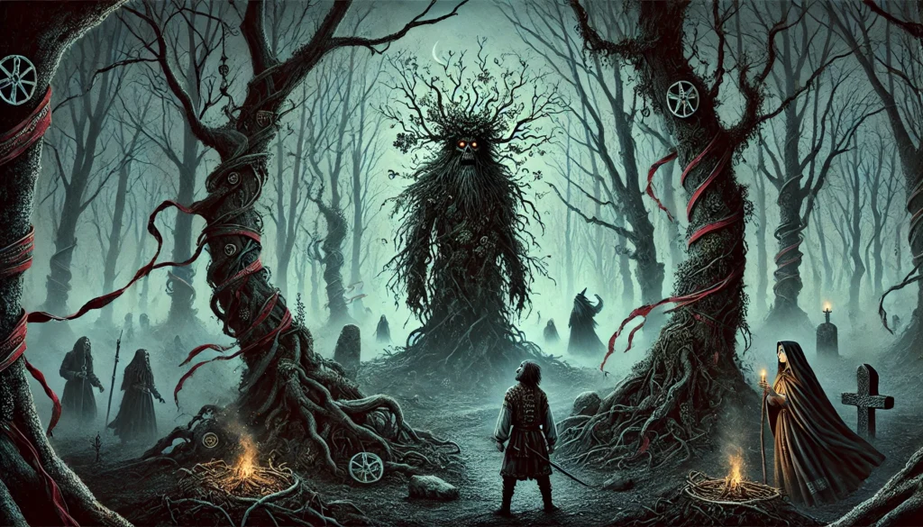 An illustration of a haunting Slavic folklore scene set in a misty, dense forest with twisted, ancient trees. In the center, Leshy, a mythical forest spirit with a half-human, half-tree form, stands with glowing ember-like eyes and roots coiling around his legs. Nearby, a young man with a confused expression roams aimlessly, symbolizing a cursed soul. Trees around them bear ribbons tied as offerings, and faint, ghostly spirits blend into the thick mist, adding to the eerie, supernatural ambiance that captures the mystery of Slavic pagan practices and curseology.