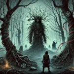 An illustration of a haunting Slavic folklore scene set in a misty, dense forest with twisted, ancient trees. In the center, Leshy, a mythical forest spirit with a half-human, half-tree form, stands with glowing ember-like eyes and roots coiling around his legs. Nearby, a young man with a confused expression roams aimlessly, symbolizing a cursed soul. Trees around them bear ribbons tied as offerings, and faint, ghostly spirits blend into the thick mist, adding to the eerie, supernatural ambiance that captures the mystery of Slavic pagan practices and curseology.