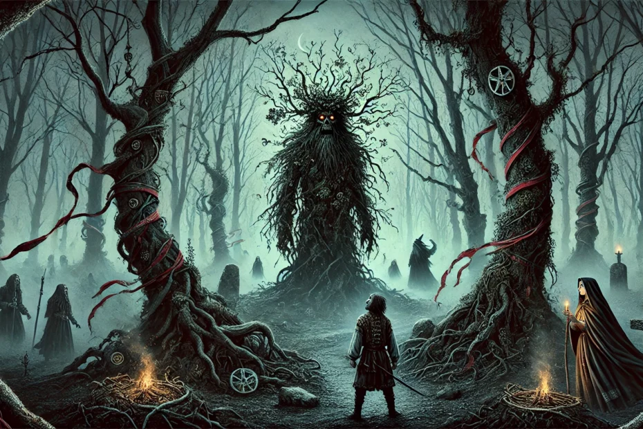 An illustration of a haunting Slavic folklore scene set in a misty, dense forest with twisted, ancient trees. In the center, Leshy, a mythical forest spirit with a half-human, half-tree form, stands with glowing ember-like eyes and roots coiling around his legs. Nearby, a young man with a confused expression roams aimlessly, symbolizing a cursed soul. Trees around them bear ribbons tied as offerings, and faint, ghostly spirits blend into the thick mist, adding to the eerie, supernatural ambiance that captures the mystery of Slavic pagan practices and curseology.