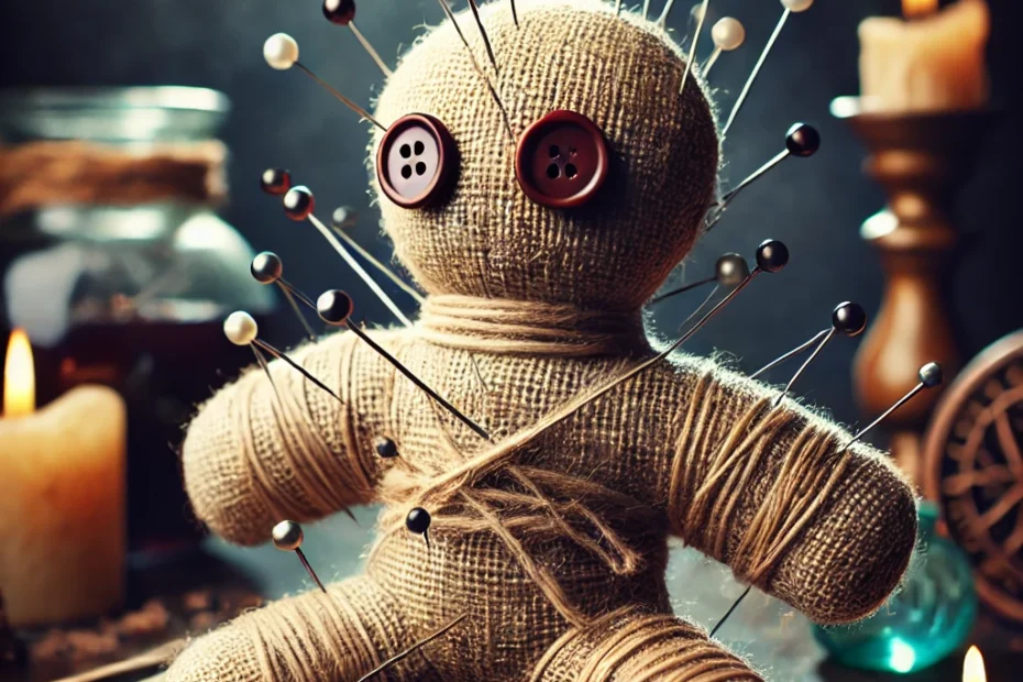 An image of a cloth or straw doll (effigy) placed on a dark surface, with several needles stuck into various parts of its body. A black candle burns in the background, casting long shadows, while a small piece of paper with a name written on it is tucked inside the effigy. The scene feels eerie and foreboding, as if the curse has already begun.