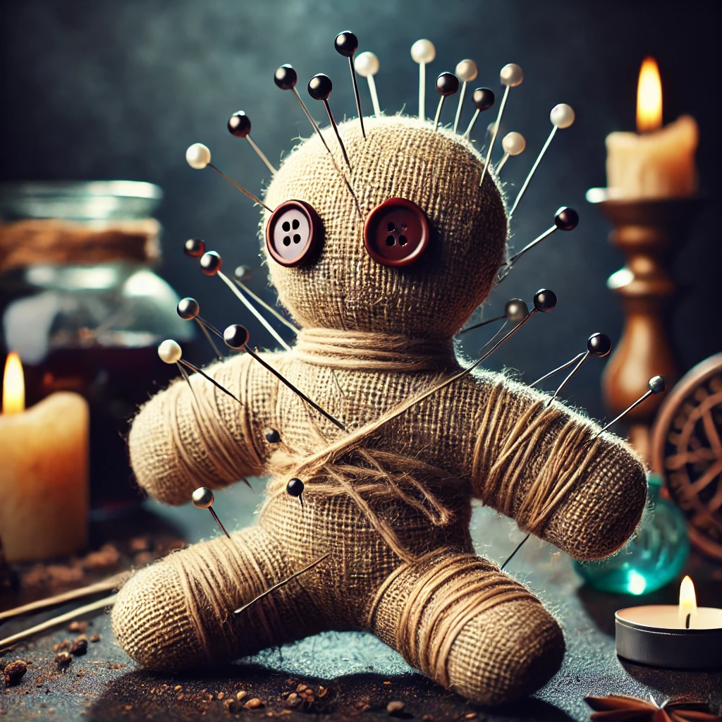 An image of a cloth or straw doll (effigy) placed on a dark surface, with several needles stuck into various parts of its body. A black candle burns in the background, casting long shadows, while a small piece of paper with a name written on it is tucked inside the effigy. The scene feels eerie and foreboding, as if the curse has already begun.