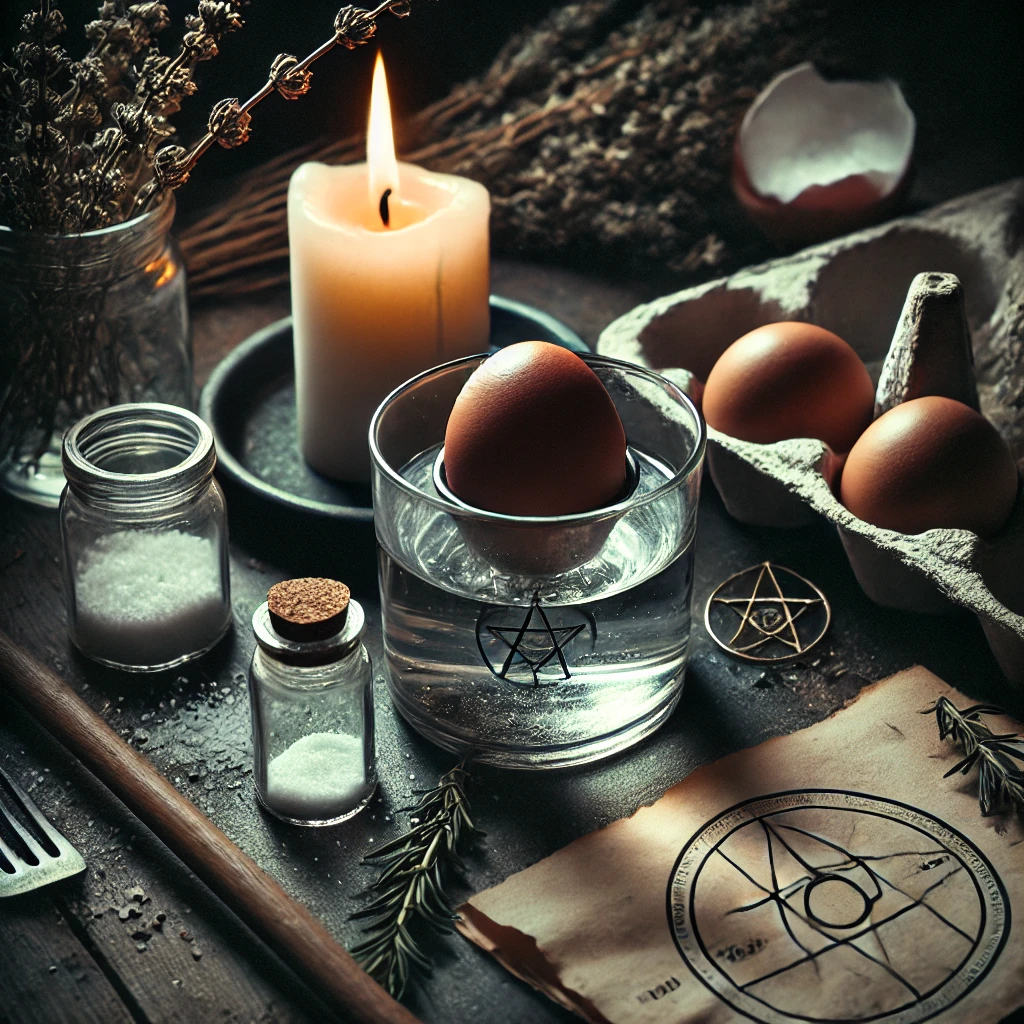 A dimly lit scene showing the setup for The Egg Cleansing and Barrier Curse ritual. In the center, a raw egg rests over a glass of water, symbolizing the absorption of negative energy. A white candle burns on the left, and a black candle burns on the right, casting soft shadows. Nearby, dried rosemary, sage, and a small pile of salt add to the ritual setup. A folded piece of paper with protective symbols lies next to the candles. The atmosphere is quiet and mystical, evoking a sense of spiritual cleansing and protection.