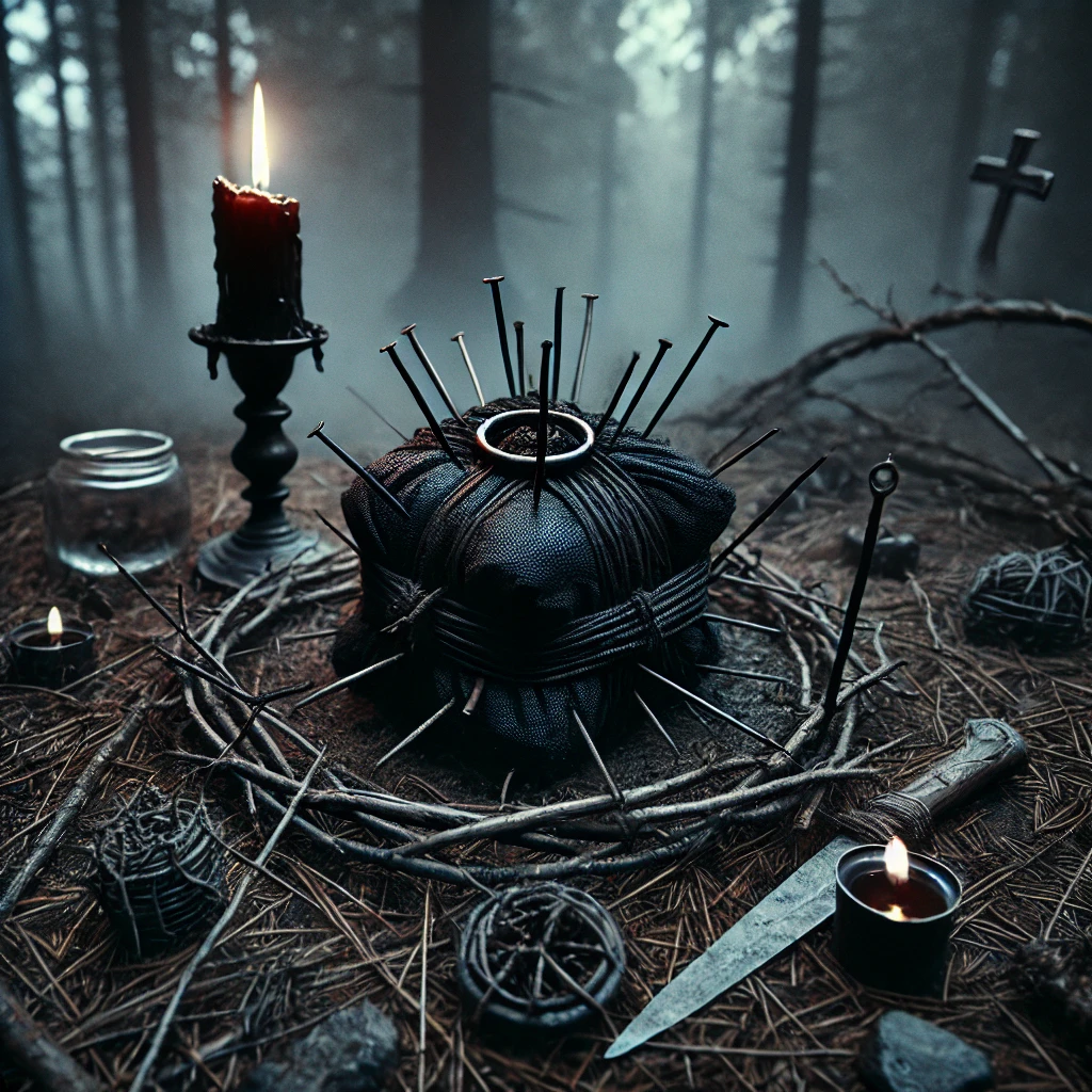 A dark and atmospheric ritual setup in a dense, foggy forest at dusk. In the center lies a small bundle wrapped in black cloth, tightly bound with thread and pierced by several iron nails. A black candle burns nearby, casting dim light on the ritual scene. Scattered around the bundle are dried thorns, graveyard dirt, and a small mirror angled to reflect the ritual objects. Tall trees and mist surround the setup, creating an ominous, mystical atmosphere filled with a sense of ancient magic.