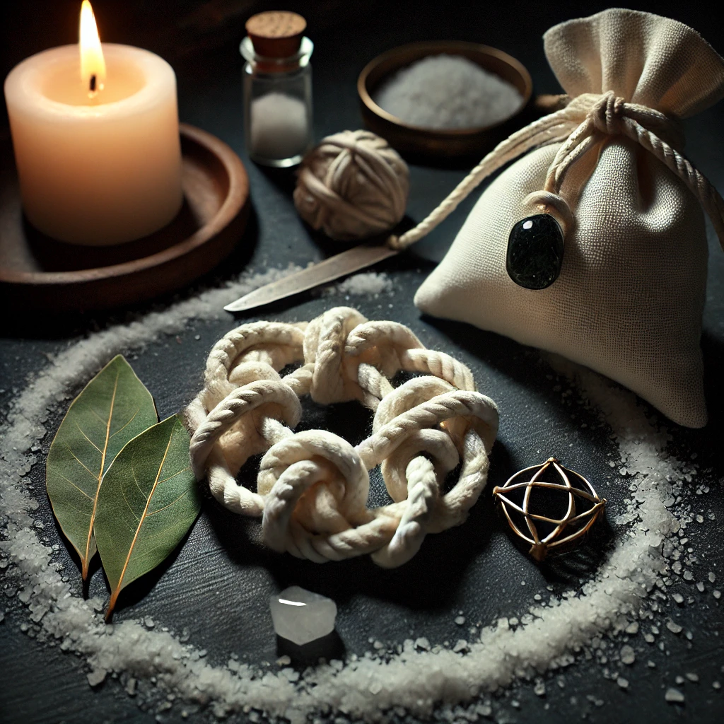 A serene and mystical ritual setup for "The Knot Curse of Protection." At the center lies a white cord with nine evenly spaced knots, symbolizing protective energy. Beside it, a small pouch contains a black tourmaline crystal and a bay leaf. A white candle burns softly nearby, casting a warm glow over the items. Salt is sprinkled in a circular pattern around the setup, creating a symbolic protective boundary. The scene exudes a calm, focused atmosphere, evoking feelings of safety and spiritual strength.