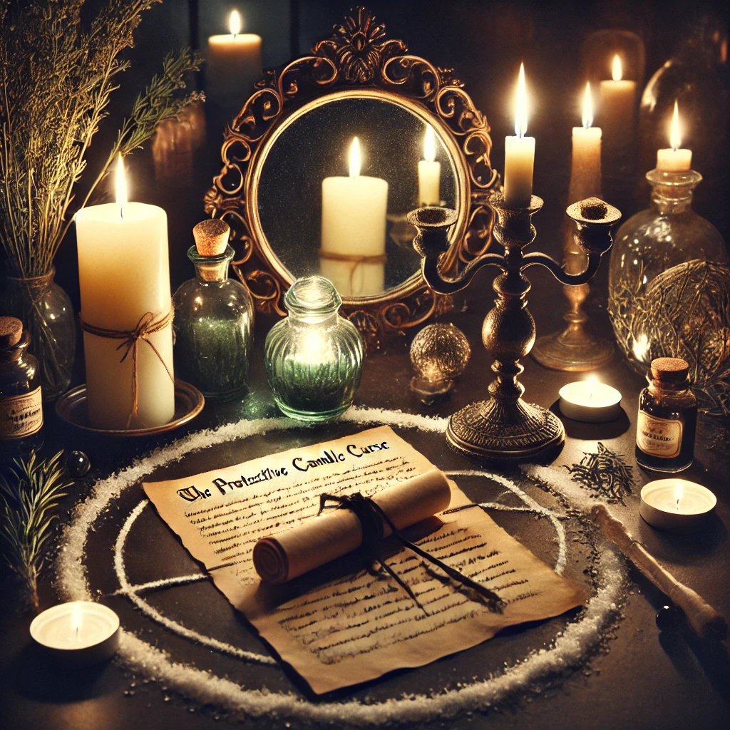 A mystical ritual setup with two candles in a dimly lit space. A white candle on the left and a black candle on the right are both burning, casting a soft, protective glow. In front of the candles, a small mirror is angled outward, reflecting the light. Surrounding the setup are scattered herbs like rosemary and sage, along with a circular boundary made of salt. A piece of parchment, bound with black thread, lies in front of the mirror, symbolizing protection and the binding of harmful energy. The scene feels calm, focused, and filled with an aura of protection.