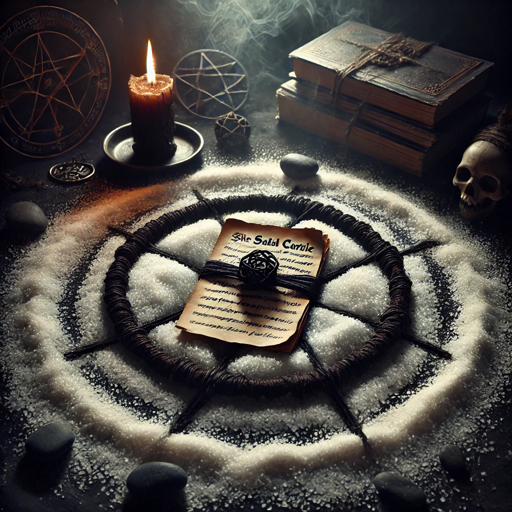 A dark and mystical ritual setup depicting "The Salt Circle Curse." At the center lies a small piece of parchment with a name written on it, wrapped in black thread. This is surrounded by a thick circle of coarse sea salt, symbolizing containment. Strategically placed stones reinforce the boundary around the salt circle. A black candle burns nearby, casting a dim, eerie light across the setup, while soft wisps of smoke drift around. The overall atmosphere is heavy and ominous, with shadows enhancing the sense of restriction and mystical power.