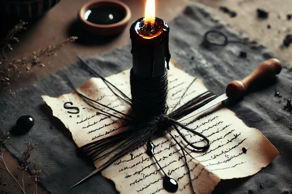 A ritual scene featuring a black candle burning, with melted wax dripping onto a piece of parchment with a name inscribed. The parchment is tightly wrapped in black thread, symbolizing a binding curse. A needle rests beside the candle, used for engraving the target's name. The dark surroundings are lit only by the candle's glow, creating a mystical and intense atmosphere of focused energy and intent.