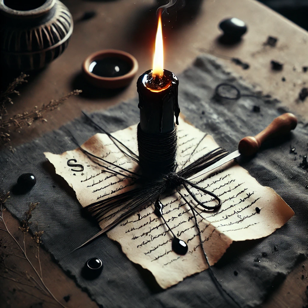 A ritual scene featuring a black candle burning, with melted wax dripping onto a piece of parchment with a name inscribed. The parchment is tightly wrapped in black thread, symbolizing a binding curse. A needle rests beside the candle, used for engraving the target's name. The dark surroundings are lit only by the candle's glow, creating a mystical and intense atmosphere of focused energy and intent.