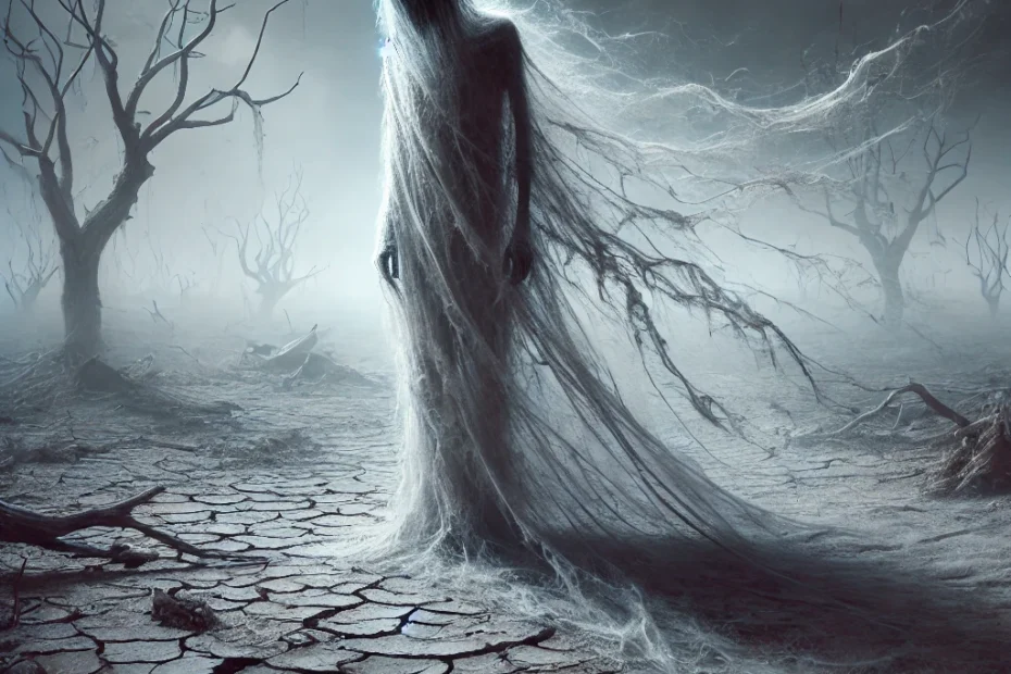 A dark, mystical scene depicting the "Curse of the Withering Spirit." In the center is a black candle burning low, surrounded by dried leaves and withered flowers, symbolizing decay and loss of vitality. A small jar containing a slip of paper with a name written on it rests beside the candle. The flickering flame casts long, eerie shadows, while the dim light creates an atmosphere of emptiness and spiritual exhaustion. The scene feels heavy and foreboding, as though life and energy are being drained from the surroundings, embodying the essence of a curse.