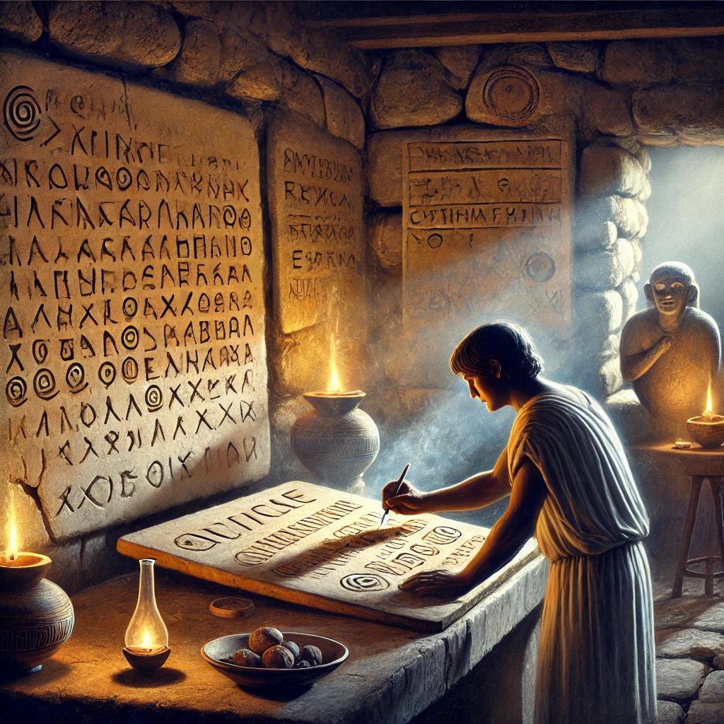 An ancient Mycenaean Greek scene depicts a figure carefully etching a curse onto a clay tablet in a stone-walled chamber illuminated by oil lamps. The person, dressed in a simple tunic, uses a stylus to inscribe symbols. A small altar with offerings to the gods stands nearby, while inscriptions and symbols of early Greek script adorn the walls. The dimly lit room has a mystical, sacred ambiance, with shadows casting an ancient and solemn atmosphere.