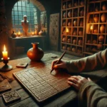 An illustration depicting a dimly lit scene of an ancient Roman curse ritual. In the foreground, a lead curse tablet inscribed with Roman text sits on a wooden table, with a person in traditional Roman attire writing on it using a stylus. Shelves in the background display jars, amulets, and mystical artifacts, creating an ominous atmosphere that reflects the ritualistic nature of curse-making in ancient Rome.